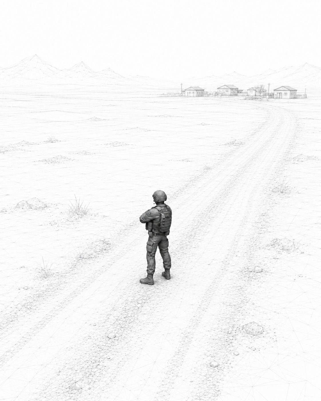 Wireframe scenario showing a soldier standing on a road with buildings in the distance